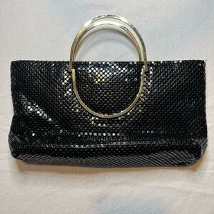 Ashley Moore Vintage Black Metal Mesh  Clutch w/ Foldable Gold Handles and Strap